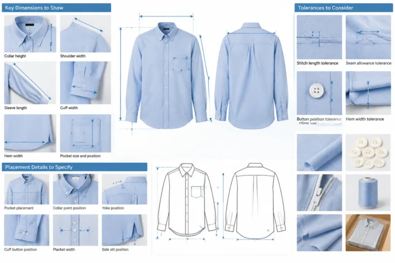 Which dimensions, tolerances, and placement details should be shown? — Apparel Wiki guide